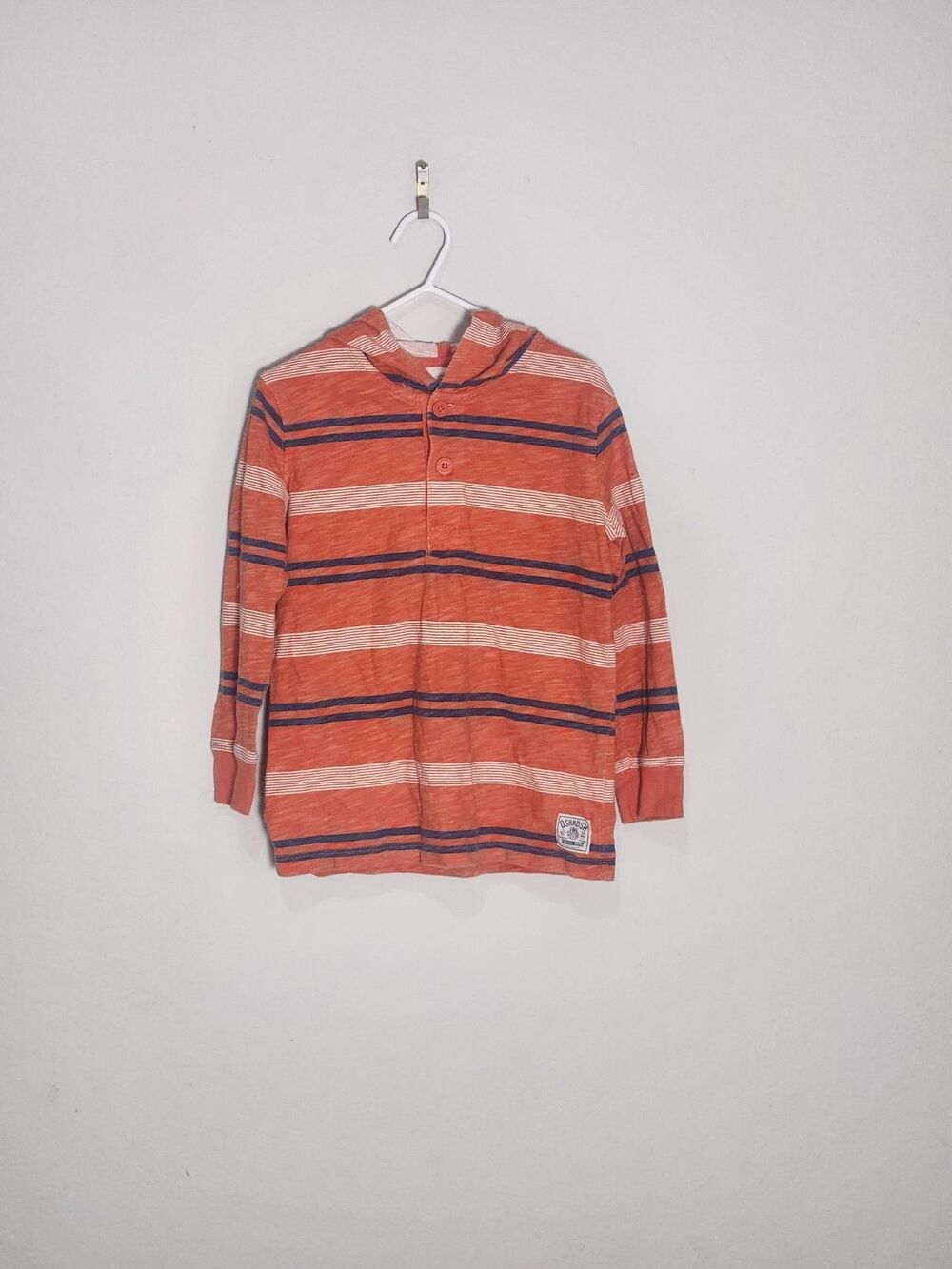 OshKosh B'gosh Boys 5 Hooded Henley Button Hoodie Orange/White/Blue Stripe